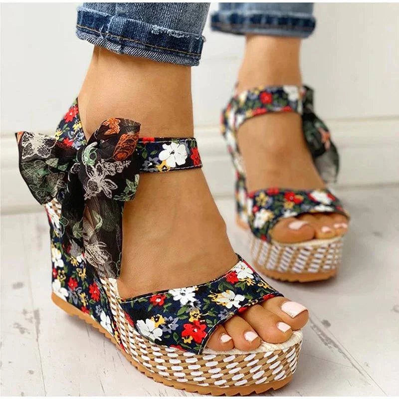 Ladies Beach Boho Wedge Sandals Shoe Black