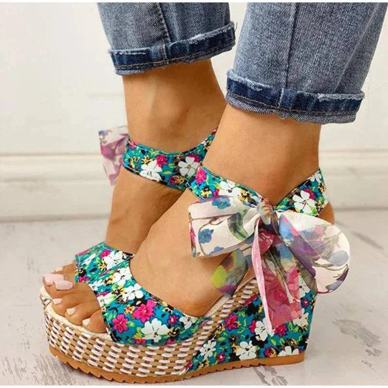 Ladies Beach Boho Wedge Sandals Shoe Blue