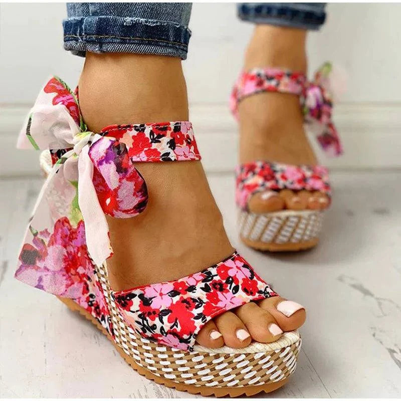 Ladies Beach Boho Wedge Sandals Shoe Red