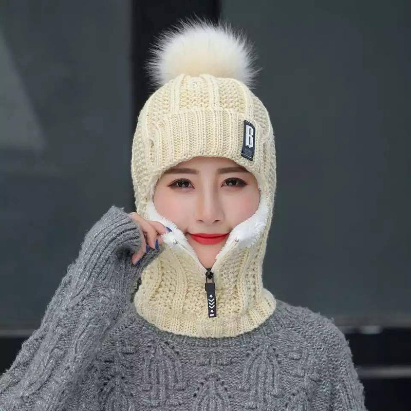 Women Neck Knit Wrap Wool Hat Beige M