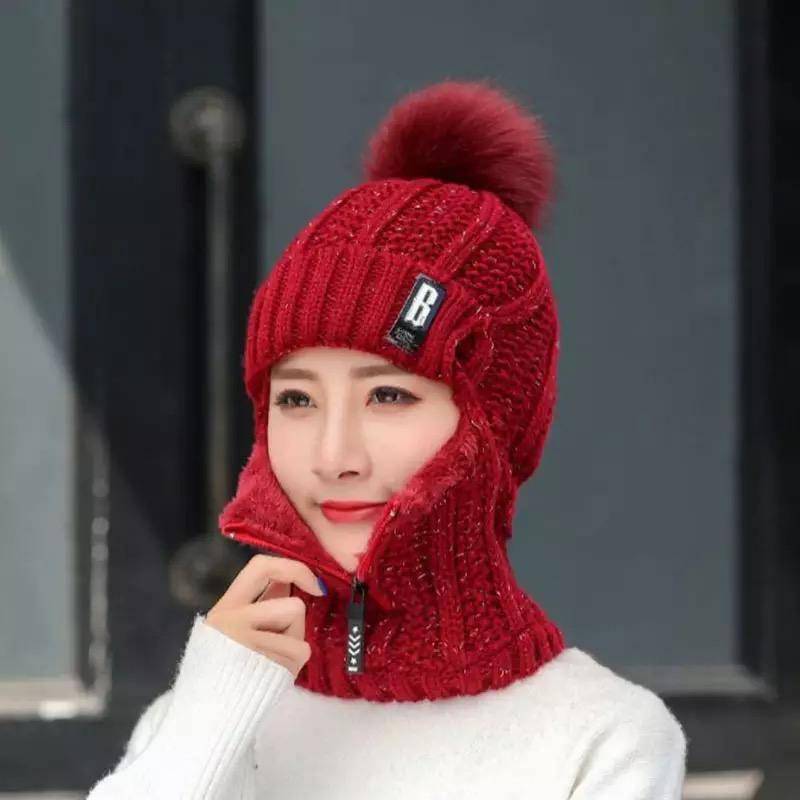 Women Neck Knit Wrap Wool Hat Wine Red M
