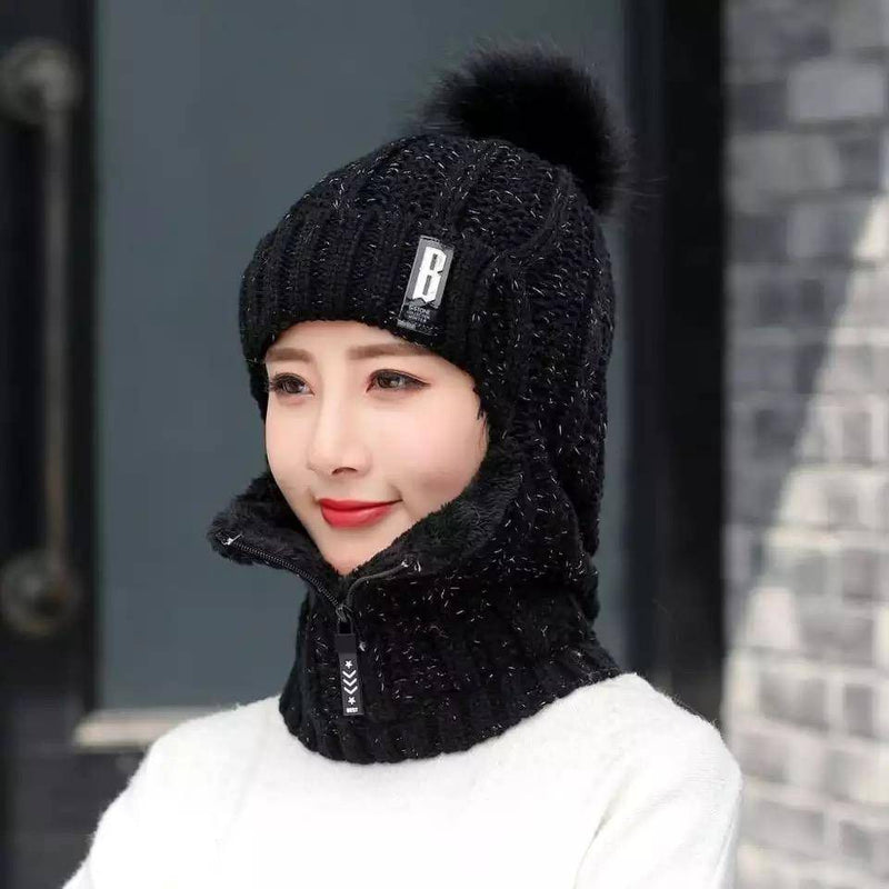 Women Neck Knit Wrap Wool Hat Black M