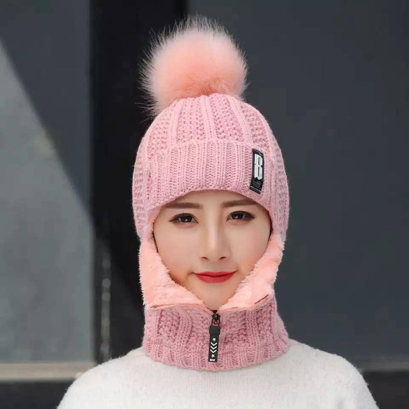 Women Neck Knit Wrap Wool Hat Pink M