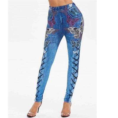 Women Fashion 3D Print Casual Hip Slimming Breathable Leggings Blue