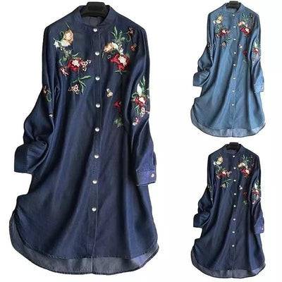 Embroidered Soft Jeans Shirt Dress Women Loose Button Up Dress One size Dark blue