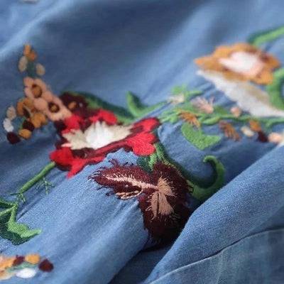 Embroidered Soft Jeans Shirt Dress Women Loose Button Up Dress