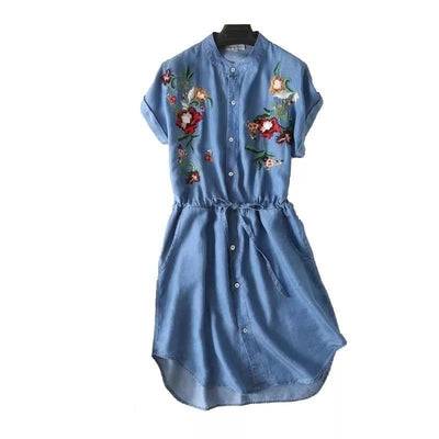 Embroidered Soft Jeans Shirt Dress Women Loose Button Up Dress One size Light blue