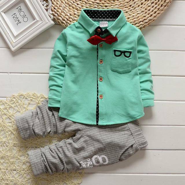 Spring kids boys button letter bow suit jacket +pants clothes Green Gray