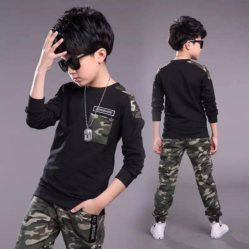 kid boys khaki army green tracksuit clothes with jacket Army black