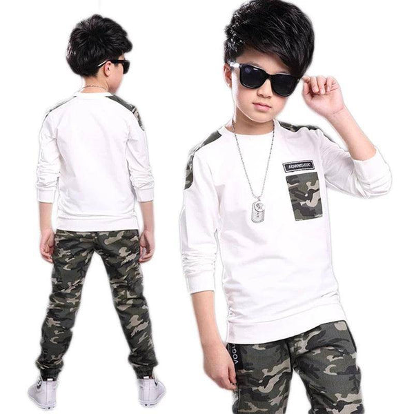 kid boys khaki army green tracksuit clothes with jacket White