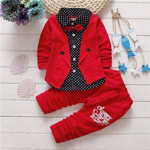 Spring kids boys button letter bow suit jacket +pants clothes Red