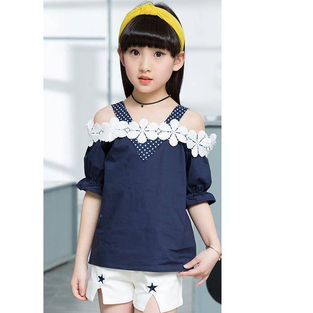 summer girls crochet flower blouses clothes Blue