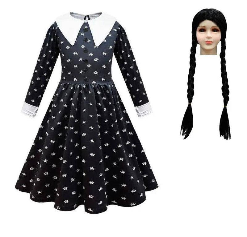 Addams Wednesday Uniform Cosplay Costume Dress Black dot dress wig