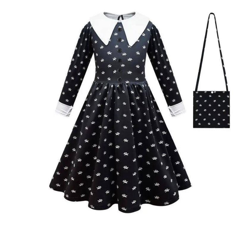 Addams Wednesday Uniform Cosplay Costume Dress Black dot dress bag