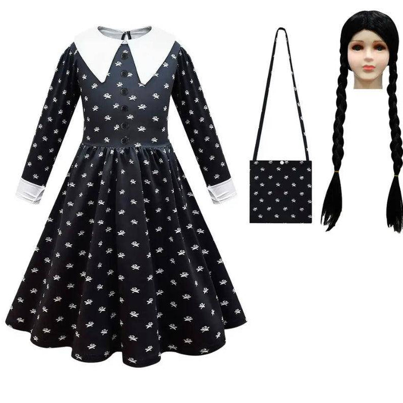 Addams Wednesday Uniform Cosplay Costume Dress Black dot dress wig bag