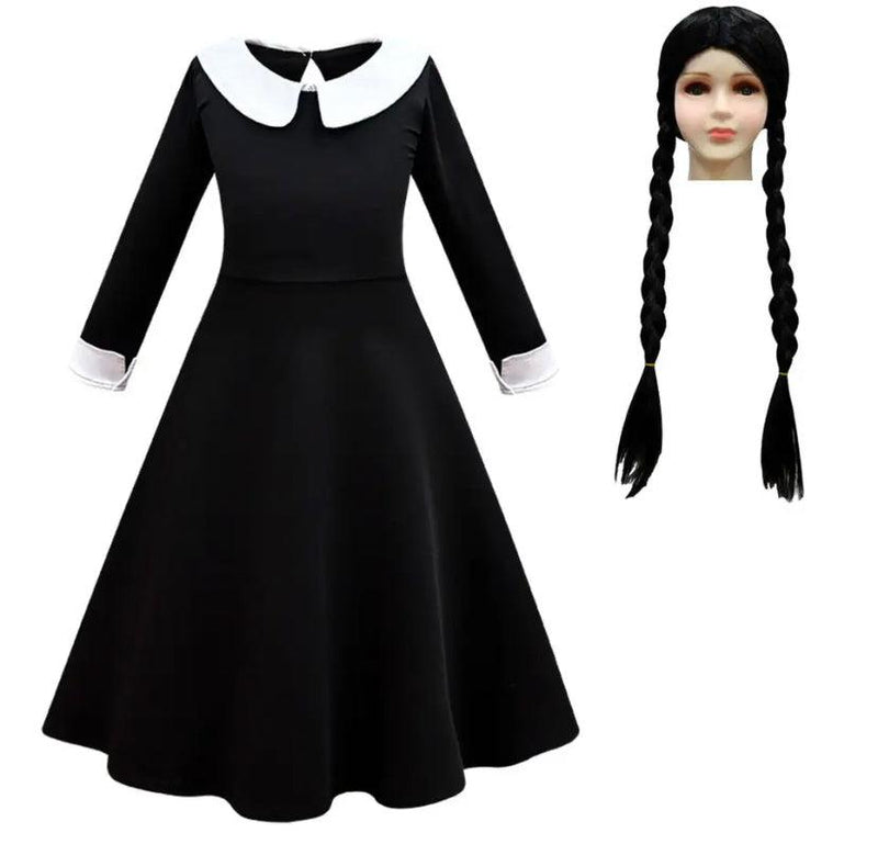 Addams Wednesday Uniform Cosplay Costume Dress Black dress wig