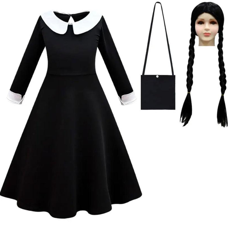 Addams Wednesday Uniform Cosplay Costume Dress Black dress wig bag