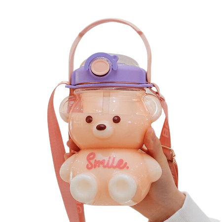 Children Bear Kawall Straw Water Bottle Purple