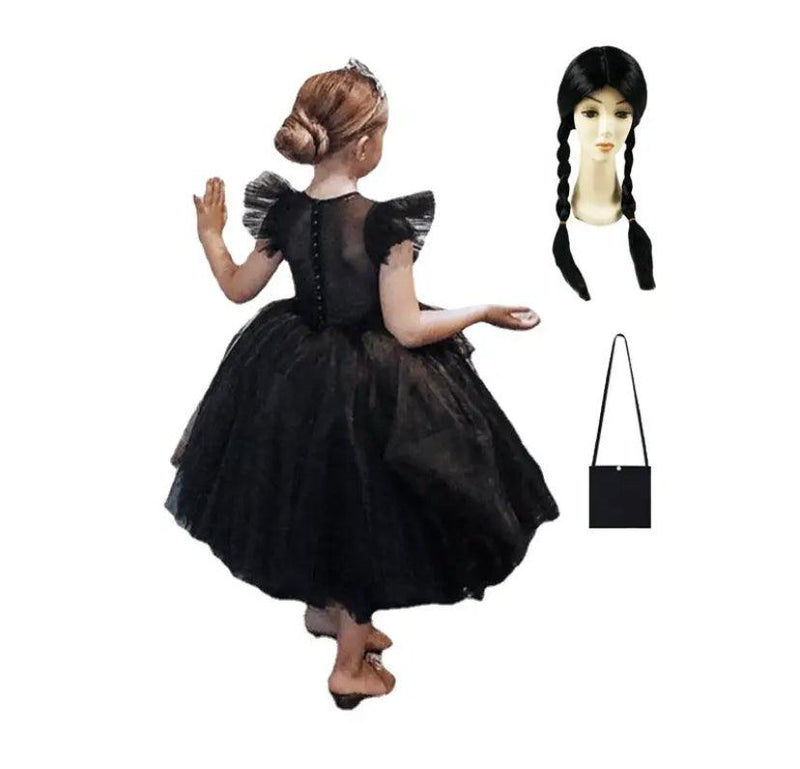 Kids Morticia Wednesday Addams Cosplay Costume Black Morticia Dress bag wig