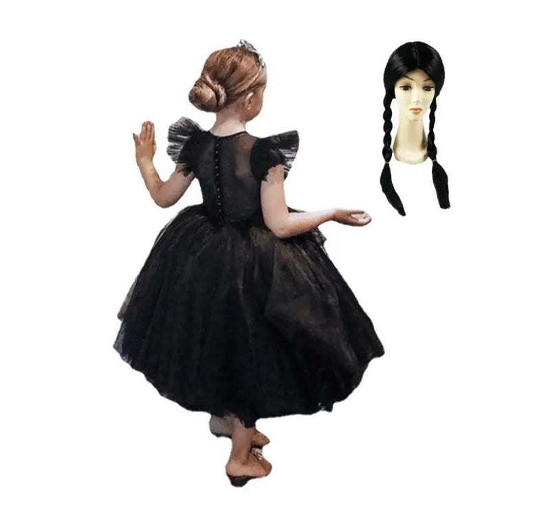 Kids Morticia Wednesday Addams Cosplay Costume Black Morticia Dress wig
