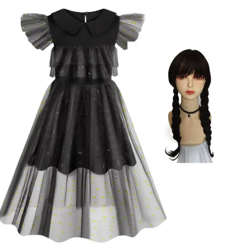 Kids Morticia Wednesday Addams Cosplay Costume Black Wednesday dress wig
